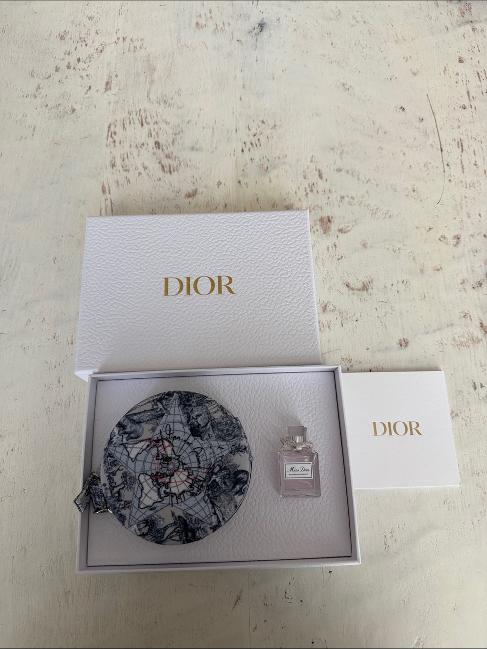 Dior White and Black Printed Round Pouch Gift Set with Mini Perfume